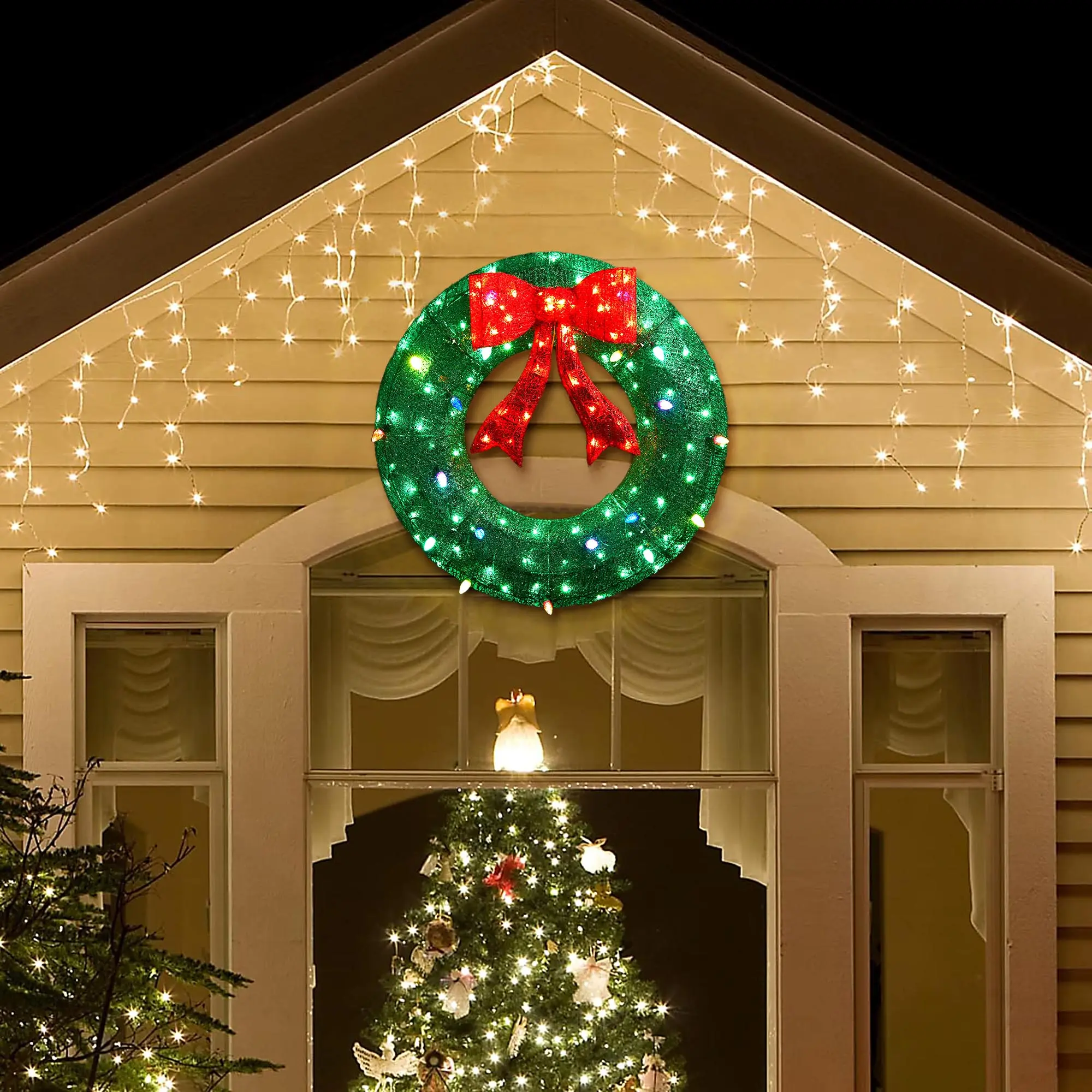 Glitzhome 35.5"H Modern Irregular Metal Lighted 3D Mesh Christmas Wreath with Bows, 130 Green LED Colorful Lights, Zip Ties, Easy Install, Long-Lasting Indoor-Outdoor Christmas Decor (KD) for Indoors, New Year, Space Illumination