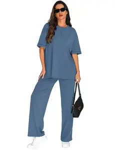 Totatuit Two Piece Sets For Women Summer Travel Vacation Airport Outfits Short Sleeve Oversized Loungewear Sets