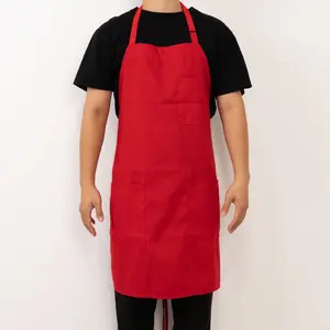 Red Premium Polyester Kitchen Chef Apron with Adjustable Neck and Long Ties, Waterdrop Resistant 2 Pockets Unisex Cooking Bib Apron