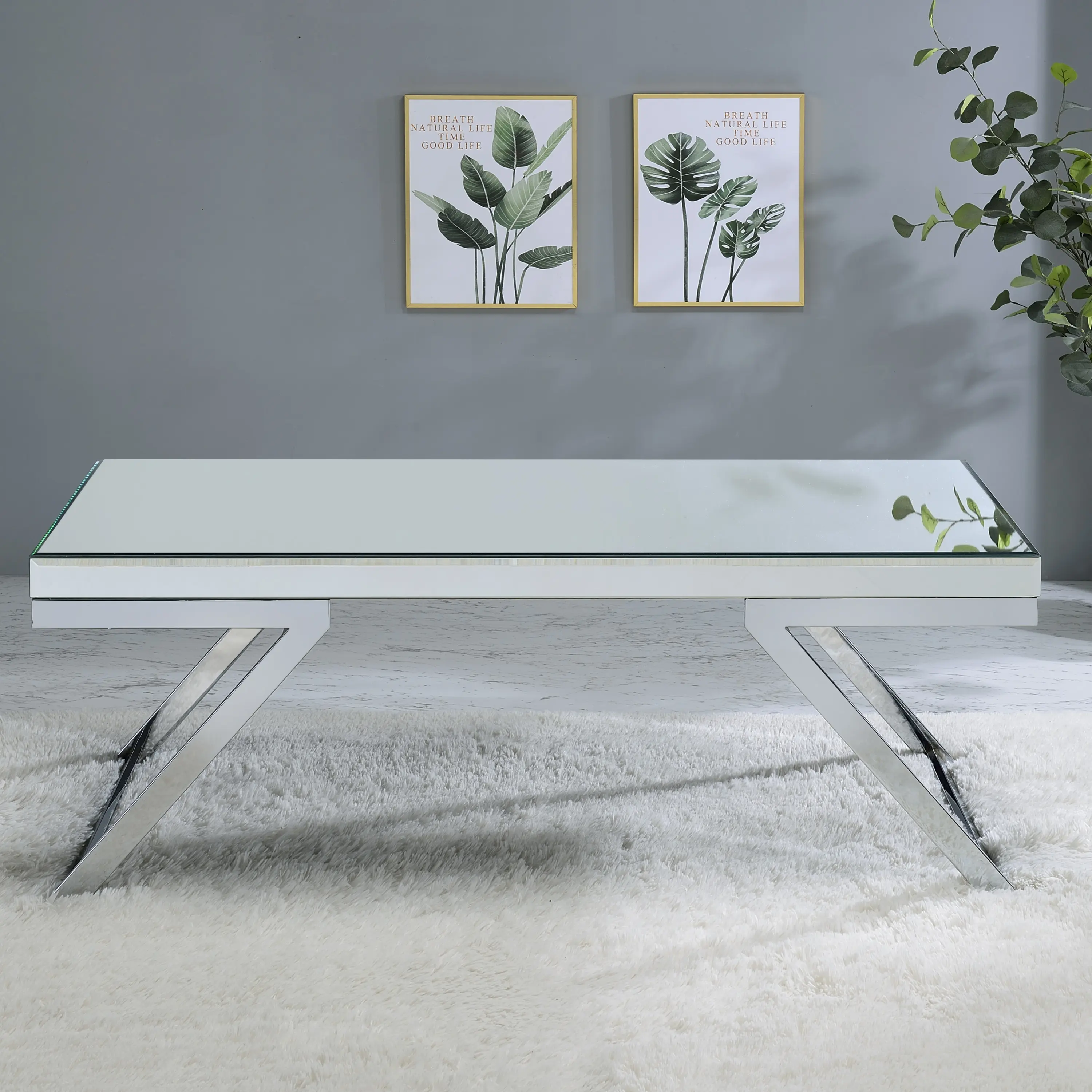 SALE - Alfresco Mirrored Top Coffee Table with Canted Chrome Legs for Modern Home Decor 48"W x 24.5"D x 18.25"H