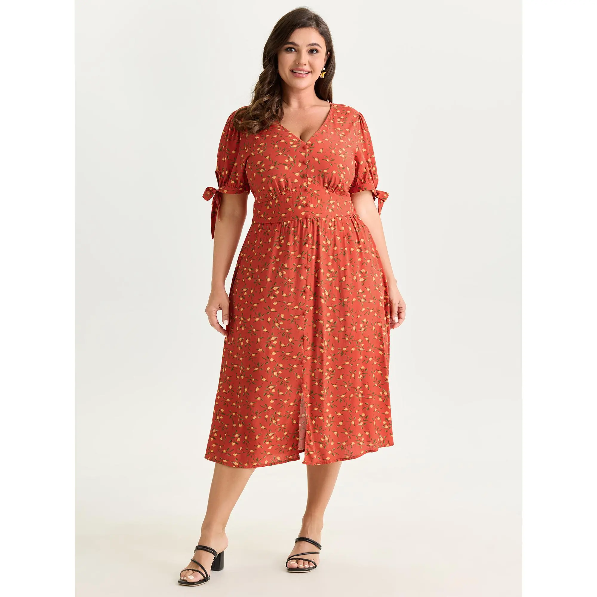 BloomChic Women's Plus Size Ditsy Floral Maxi Dress, Timeless Casual Rayon Garment with Lantern Sleeves, Tie-Up Neck, and Pockets, Classic, Casual Wear, Flowers, Light, Smooth, Rayon Fabric, Plus Size Casual Dresses