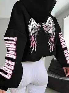 Women's Angel Wing Pattern Graphics Hoodie, Casual Warm Lined Long Sleeve Sweatshirt, Fall Winter Daily Wear, Fallen Angel Valentine's Day
