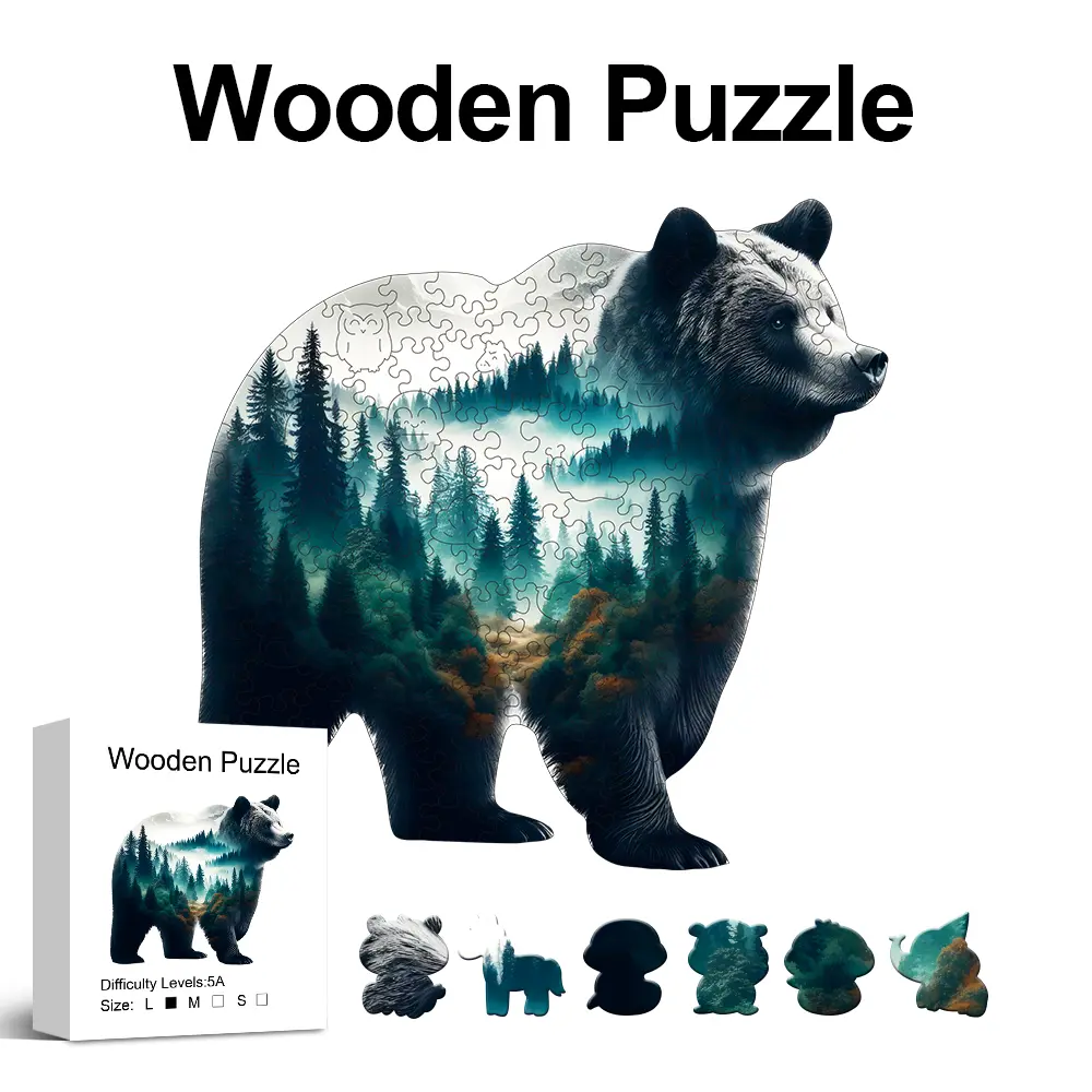 Forest Black Bear Wooden Puzzle For Adults, Uniquely Irregular Animal Shaped Wooden Jigsaw Puzzles, Perfect Birthday Holiday Gift, Party Games, DIY Leisure Game Fun Toys, Home Decor