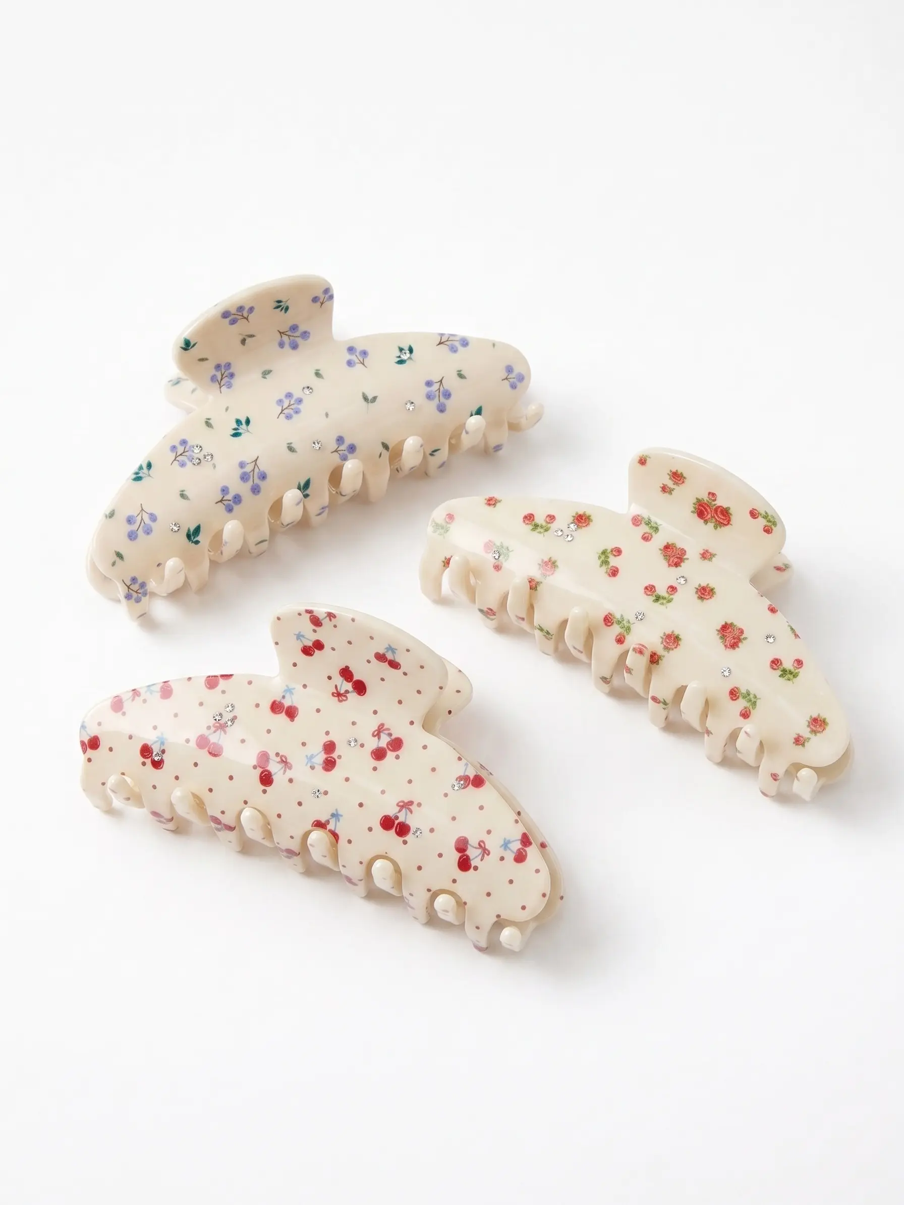 Floral Hair Claw Clips | Cherry, Rose & Blueberry Rhinestone Claw Clips