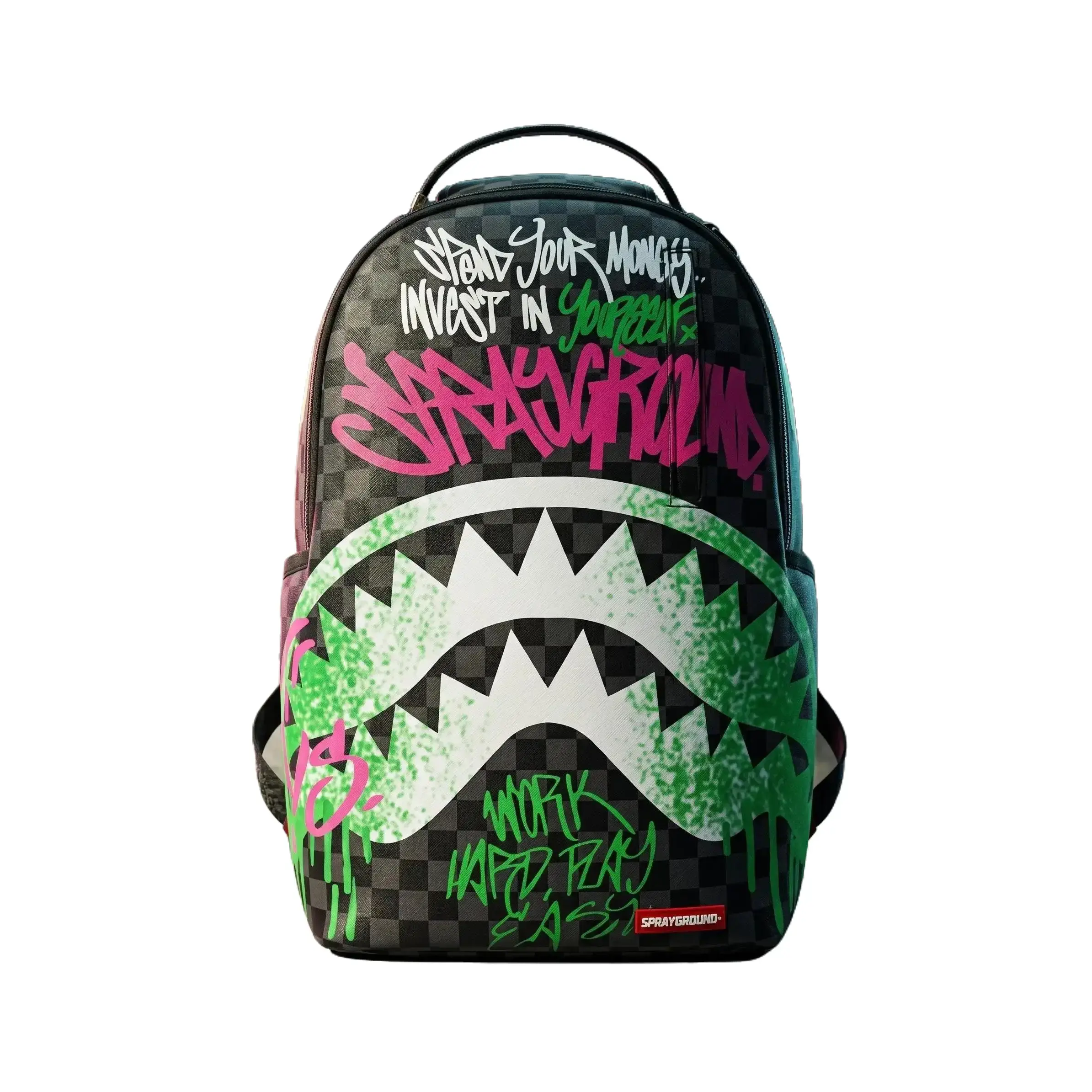 SG Graffiti Slogan Shark Mouth Backpack, Pink Green Spray Paint Drip with Invest In Yourself Quote, Streetwear School Travel Laptop Daypack for Men Women