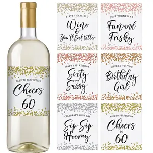 60th Birthday Party Decoration – Waterproof Wine Bottle Labels, Confetti (Set of 6)