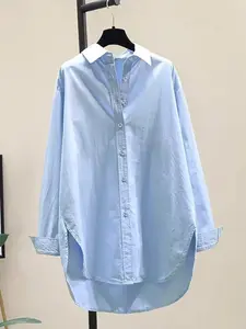 Women's Solid Color Curved Hem Button Collared Shirt, Casual Long Sleeve Collared Top for Daily Wear, Ladies Clothes for All Seasons, Womenswear