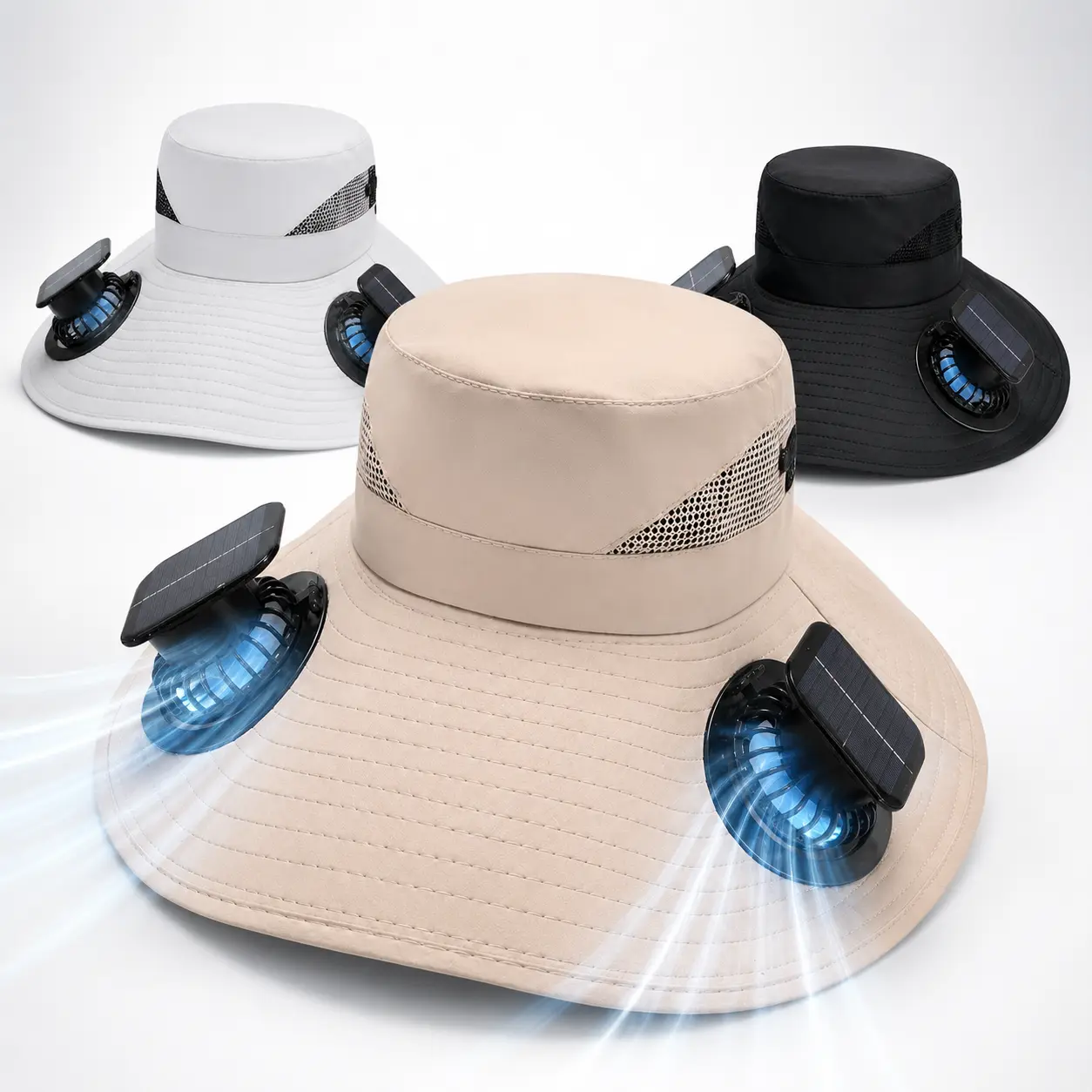 Solar Powered Fan Hat with Dual Fans & 3 Speeds, USB Rechargeable Wide Brim Sun Hat, Breathable Mesh Cooling Hat with Adjustable Chin Strap for Fishing, Gardening, Hiking, Golf & Outdoor Work