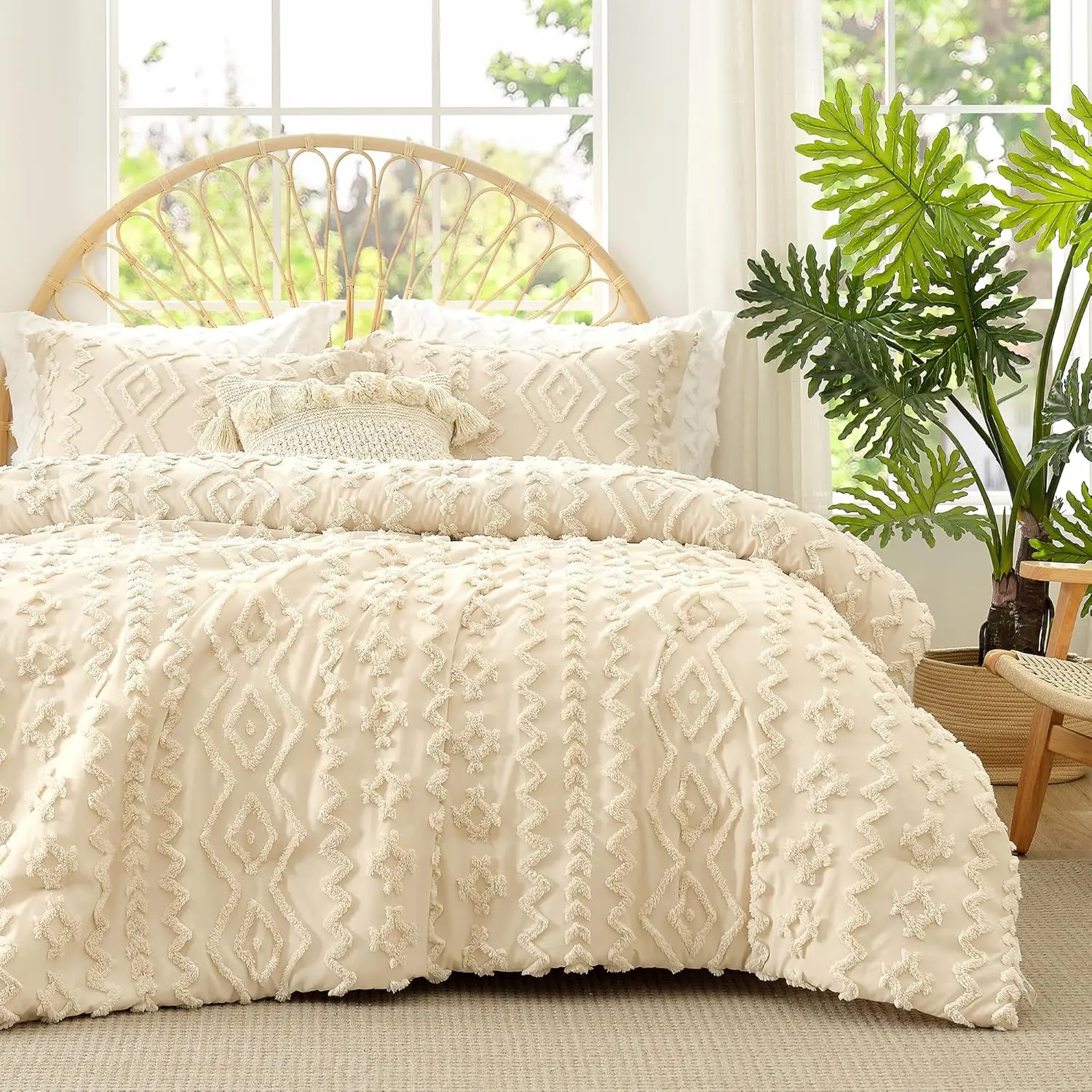King Size Boho Comforter Set - 3-Piece Beige, Olive Green & Charcoal Grey Breathable Hollow Fiber Bedding Set, Rustic Farmhouse Luxury Gift for Women, All Seasons Soft Cozy Diamond Comforter for Home Decor