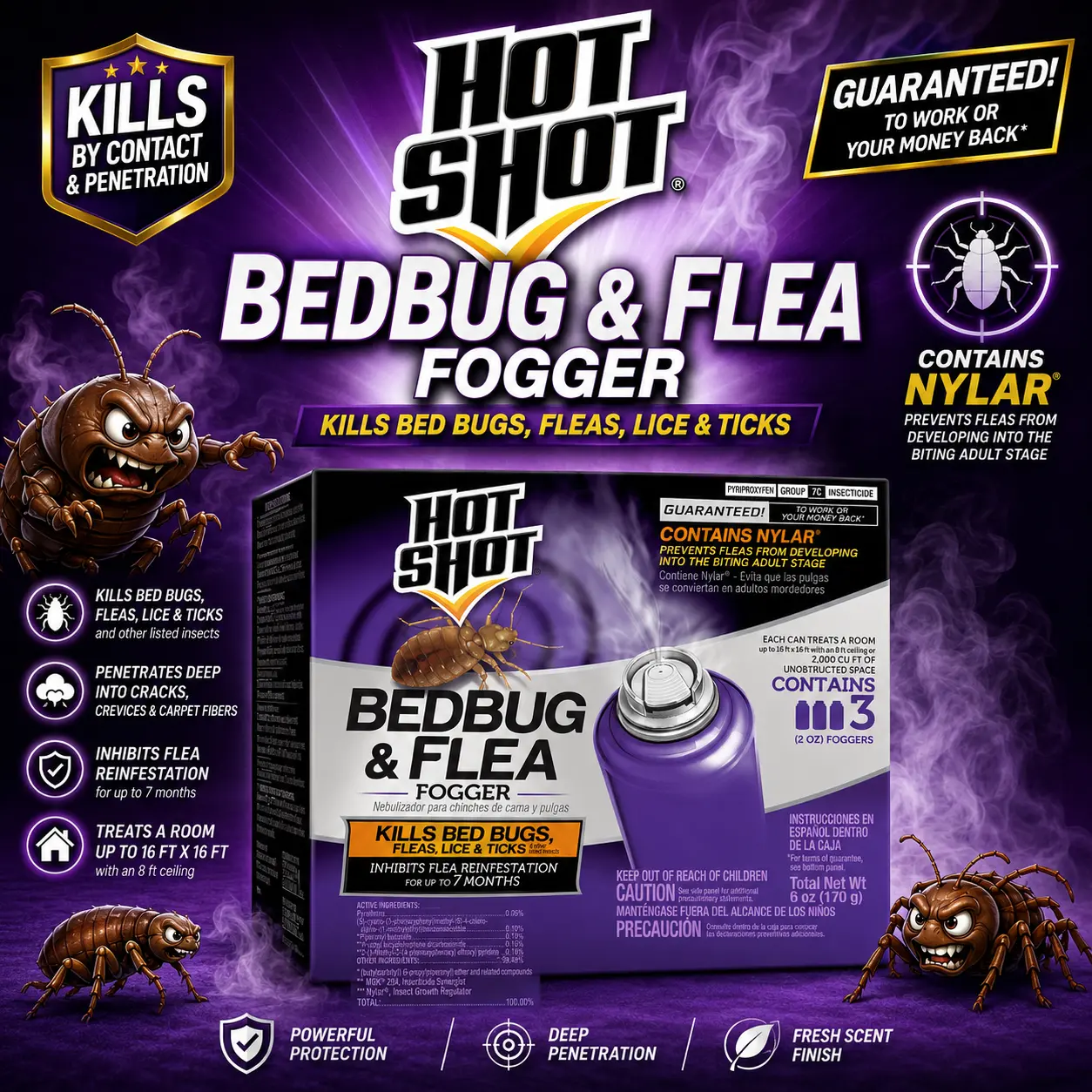 Hot Shot Bedbug and Flea Fogger - 3 Count 2 oz Cans, with Nylar, Inhibits Flea Reinfestation