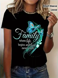 Wo Loose Fit Crew Neck T-Shirt - Artistic Green Butterfly and Inspirational Family Quotes Print, Machine Washable Casual Short Sleeve Top, Comfortable All-Season Wear for Everyday and, Durable Casualwear, Clothing, Breathable Material, Printed Tee