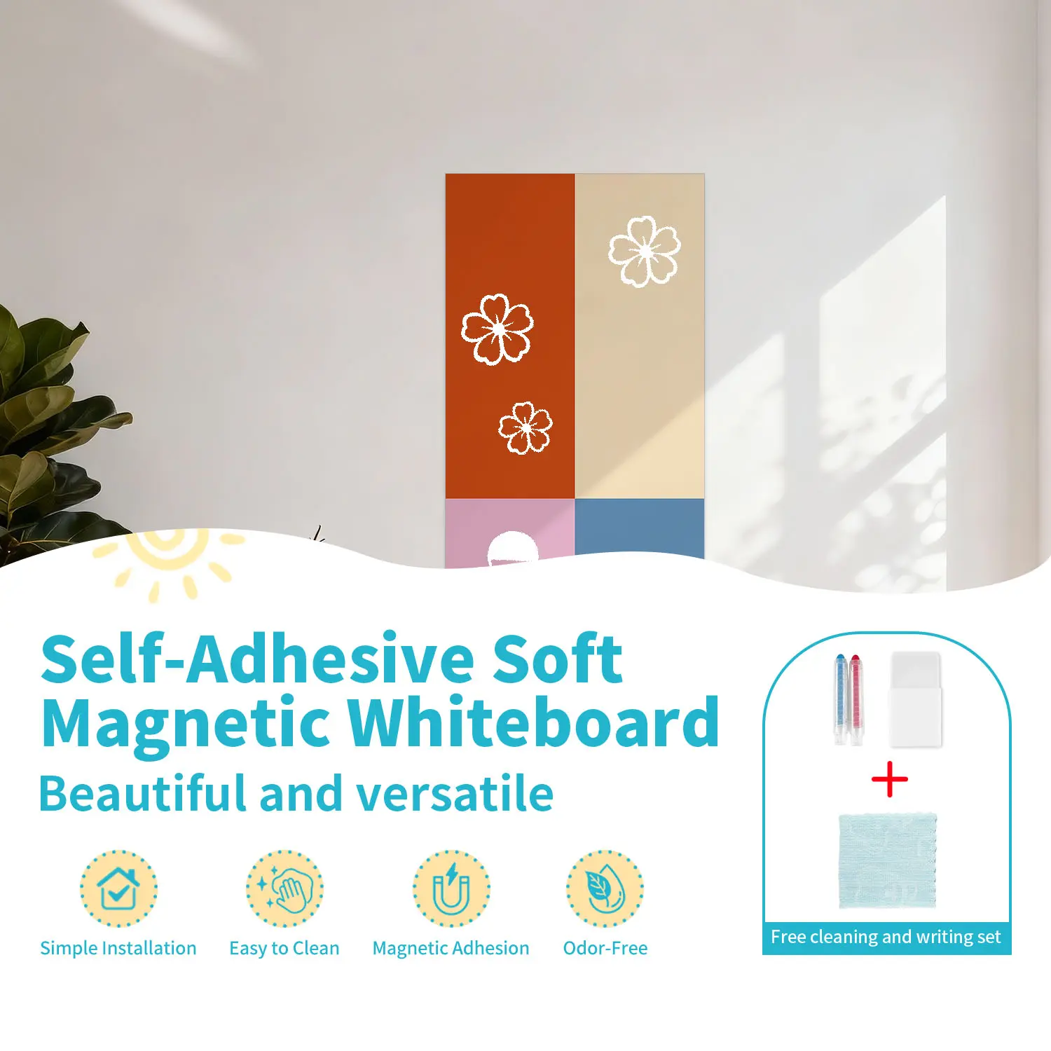 Self-Adhesive Magnetic Whiteboard Wall Sticker, Removable Vinyl Decal, Multi-Color Design, Easy to Clean, Reusable, Home Decor, 100cm X 40cm