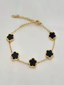 1pc Fashionable Mother-Of-Pearl Lucky Double-Sided Five Leaf Flower Stainless Steel Bracelet Elegant Minimalist Bangle