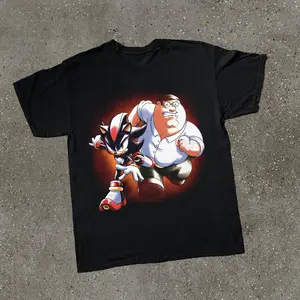 Shadow And Peter Griffin Family Guy T-Shirt, Shadow The Hedgehog X Family Guy Action Pose Funny Meme Parody Cartoon Crossover Graphic Shirt, Y2k Shirt, 2000s Shirt, Game Shirt, Unisex Cotton Crewneck T-Shirt Menswear Womenswear Streetwear Top