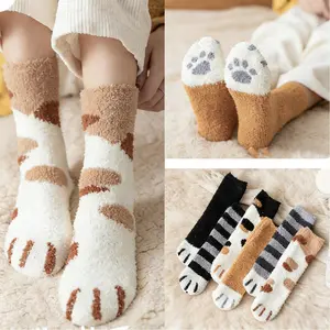 Cozy Cat Paw Plush Socks For Women, Cute Cartoon Print Warm Thermal Mid-Crew Socks, Soft Comfy Home Socks Autumn Winter