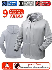 1 Piece Gray Smart Seven-Zone Heated Electric Heating Jacket, Cardigan Hooded Casual Warm Temperature-Controlled Coat, Unisex Outdoor Sports Climbing Gear, Winter Windproof Heated Jacket with USB Interface, Adjustable at Will