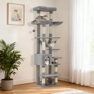 Multi-Level Cat Tree Tower for Indoor Cats – 74 Inch Modern Wood Cat Condo with Sisal Scratching Posts, Hammock, Tunnel, Spacious Perches, Basket & Soft Platforms – Sturdy Cat Furniture, Gray