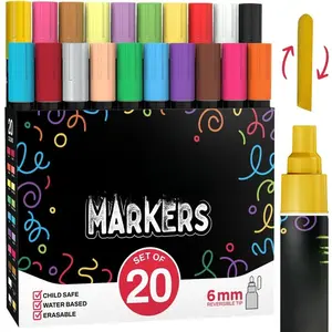 20 Liquid Chalk Markers for Blackboard (6mm Reversible Tip - Neon, Pastel, Metallic Dry Erase Marker) | Washable Chalk Pens for Chalkboards, Window, , Glass - Erasable Chalkboard Markers