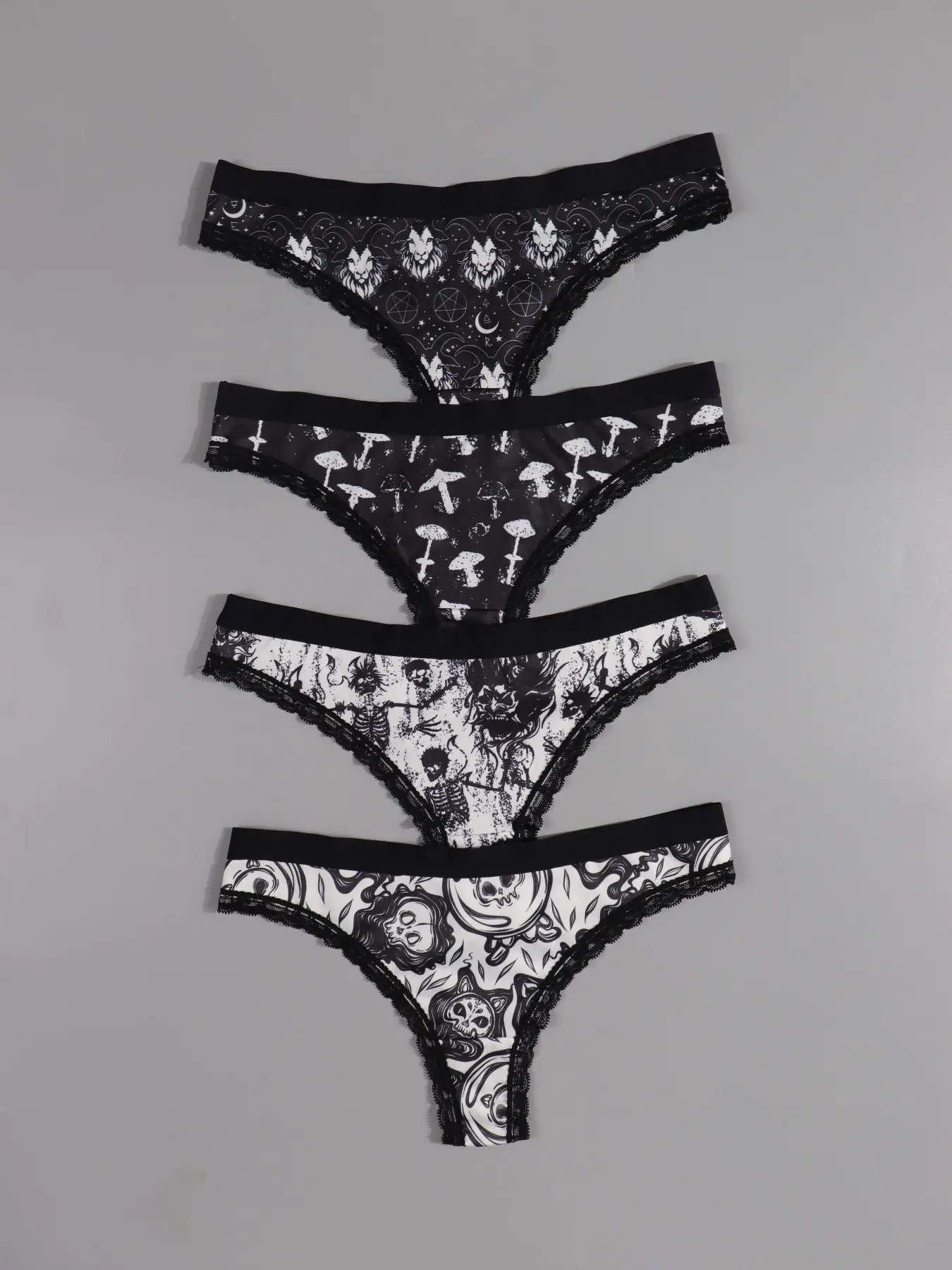 Morvia Women's Skull Print Underwear Set, Contrast Lace Trim, Comfortable Low Waist Panties, Casual Daily Wear, All Season Use, Lace Trim Panty