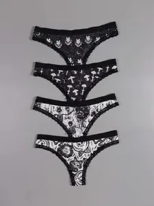 Morvia Women's Skull Print Underwear Set, Contrast Lace Trim, Comfortable Low Waist Panties, Casual Daily Wear, All Season Use, Soft Comfy Panties