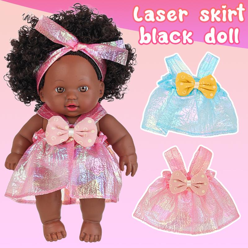Ecore Fun 2 Pcs 8 Inch Black Baby Doll African Washable Realistic Silicone Baby Dolls with Clothes and Hairband…
