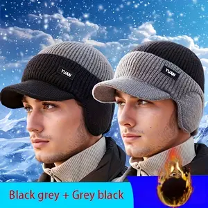 2PCS winter English letter men's thick woolen hat with added fleece to keep warm for cycling, skiing, ear protection, windproof, protective knitted hat, cold proof pullover hat