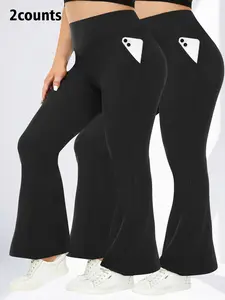Plus Size Women's High Waist Flare Pants, Abdominal Control Straight Leg Yoga Pants, Suitable for Gym & Daily Wear, Sports Casual Pants, Breathable Sporty Bottoms