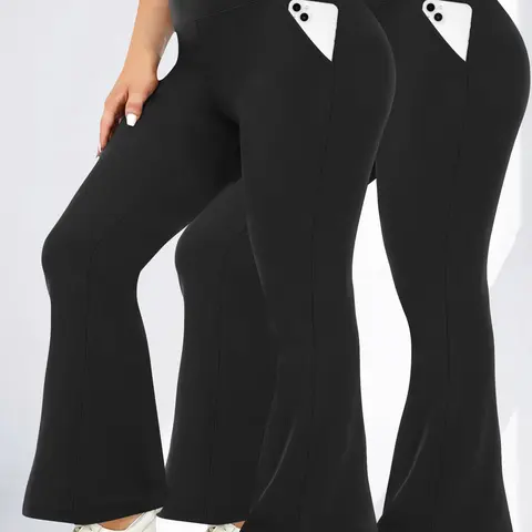 Plus Size Women's High Waist Flare Pants, Abdominal Control Straight Leg Yoga Training Pants, Suitable for Gym & Daily Wear, Sports Casual Pants, Activewear Pants, Gym Workout Sportswear, Activewear Bottoms