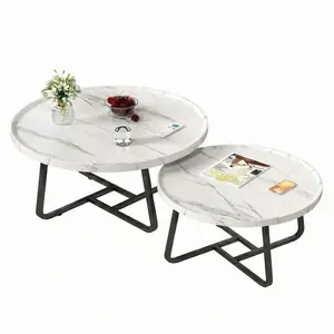 Round Nesting Tables Set of 2, Industrial Coffee Table with Metal Frame & Wood Effect Top, Easy Assembly Circle End Tables for Sofa Bedroom Balcony, Space-Saving Furniture