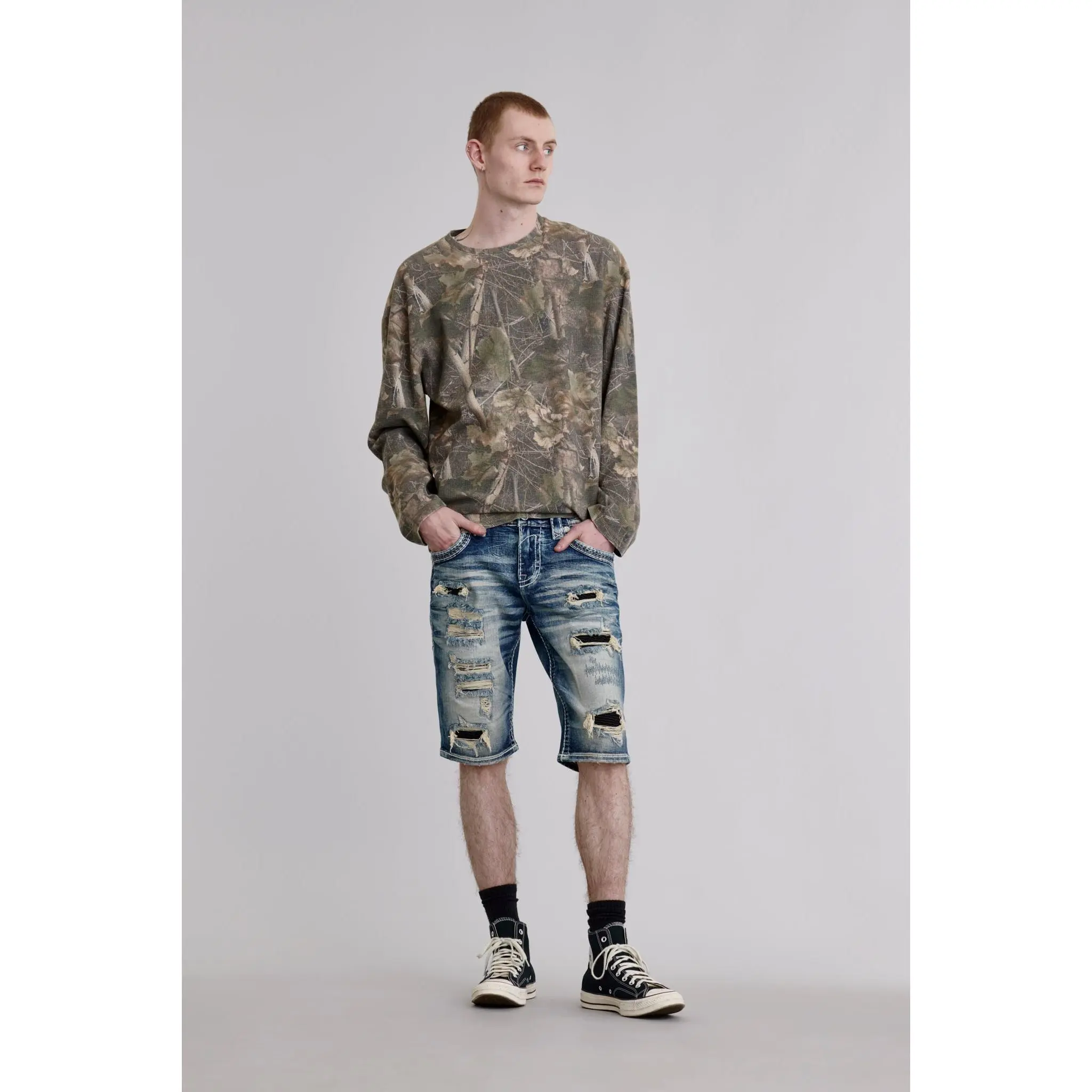 Rock Revival Hektor Menswear Embroidered Loose-Fitting Stretch Denim Shorts - Men's Mid-Rise 90s Vintage Relaxed Fit, Flame Patches, Distressed Patchwork, Leather Accents, Pocket, Casual