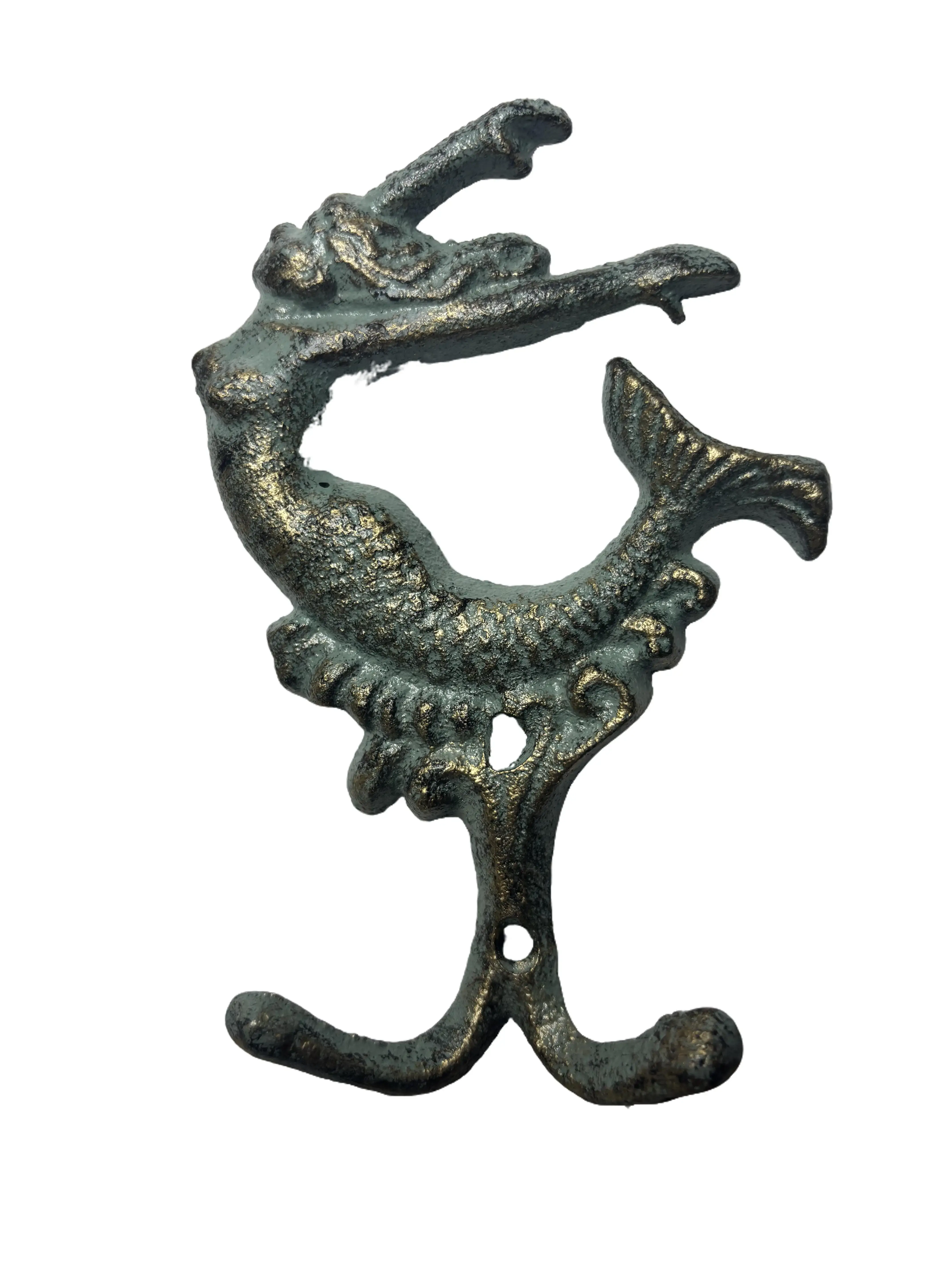 Cast Iron Mermaid Wall Hook Double Hooks Bronzed Verdigris Color 5.5" H Nautical