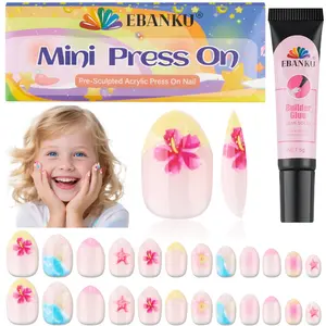 EBANKU 24 Pieces Kid Fake Nail Kit, Beach Press on Nails for Kids Colorful Press on Nail Short Artificial False Nail Kits for Girls 6-10 Years