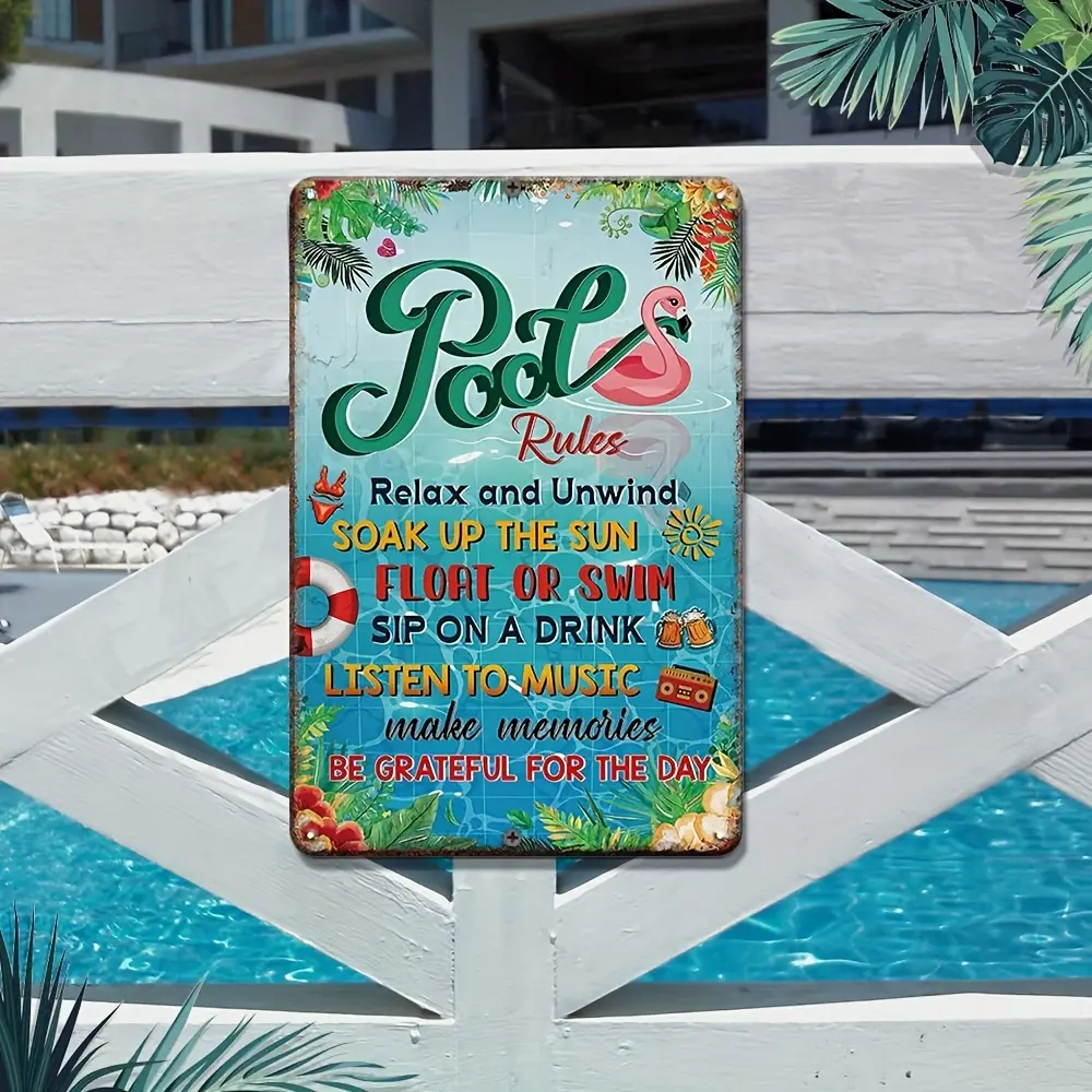 Vintage Metal Pool Rules Sign - 12X8 Inches, Funny Outdoor Decor For Beach, Patio, Porch & Backyard With Tropical Flamingo Design, Relaxing Swimming Pool Accessories, Poolside Decoration |     Playful Pool Sign |     Bold Graphics