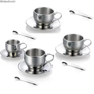 Stainless Steel Coffee Cup Coffee Mugs Espresso Cups and  Cappuccino Cups with Spoon and Saucer  Idea for Coffee and  Lovers (4)XXUrbanPorch4AB13MaisonLuxe