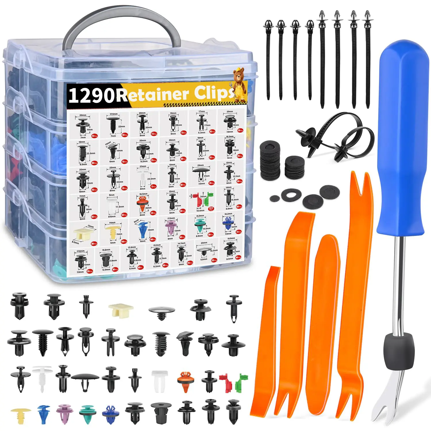 1290PCS Multi-Size Various Shapes Car Retainer Clips Kit, Auto Push Pin Rivets Fasteners Set with Trim Removal Tools, Universal for Car SUV Repair