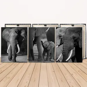 3 Counts Wooden Framed Canvas, Majestic Elephant Family Images, Exquisite Poster, Perfect Living Room Decoration, Modern Art, Fashion Family Poster, Wall Art Decoration, Waterproof Art