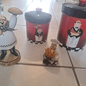 Red and bkack chef theme. Dishes and decor for kitchen.