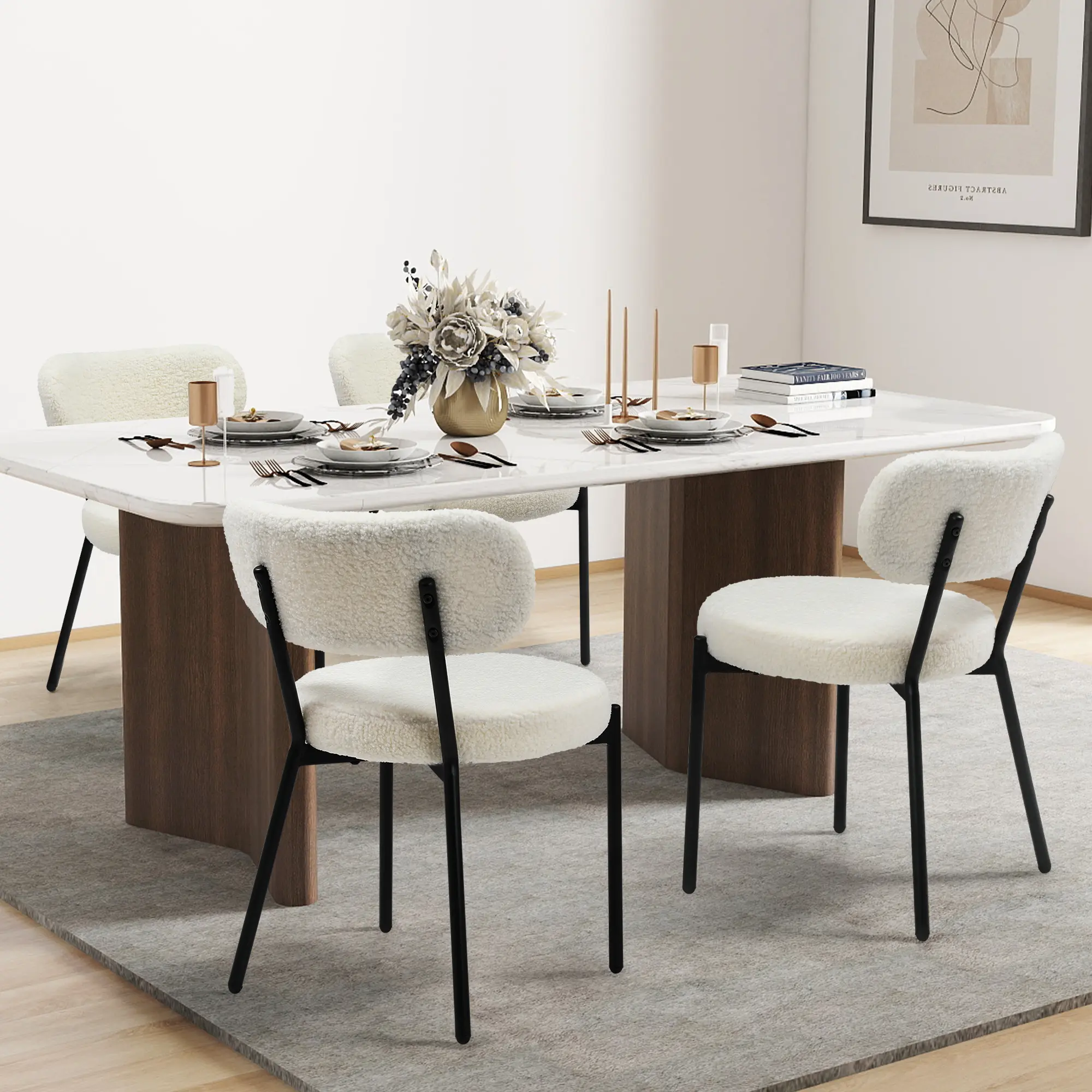Set of 2 Modern Dining Chairs, Upholstered Dining Chairs with Boucle Fabric, Curved Back, Thick Cushions summergarden