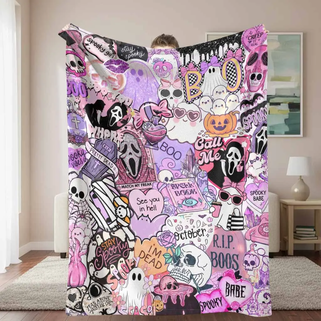 Pastel Goth Flannel Throw Blanket - Cute Character Print, Halloween Motif, Gothic Art, Ghost Bedding, Wrinkle Resistant, Durable, Breathable, Lightweight Soft Plush, Ideal for Bedroom Sofa, Gift for Friends, Halloween Motif Blankets, Halloween Aesthetic,