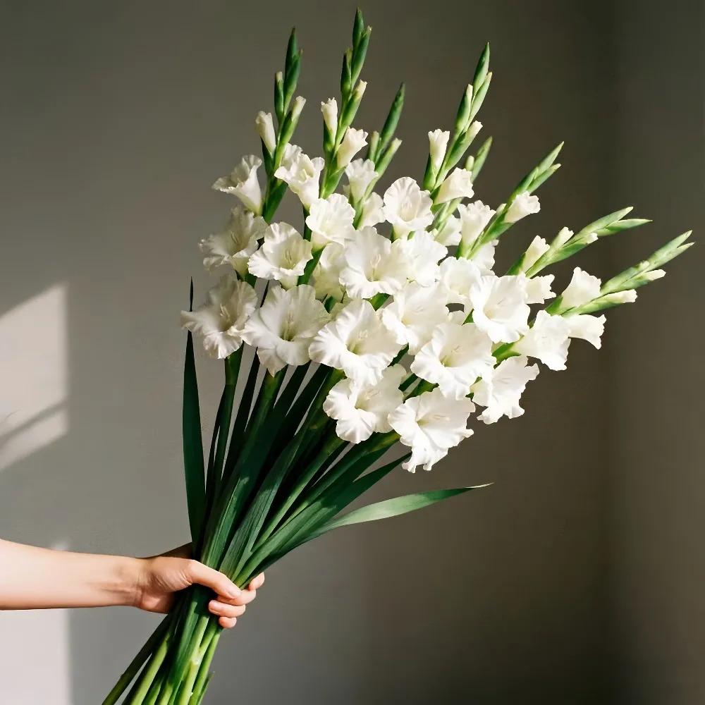8pcs Artificial Gladiolus Orchid Flower Bouquet |   White Blooms & Green Foliage, Maintenance-Free Lifelike Stems for Weddings