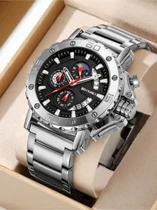 Men's Luxury Full Gold Business Watch Solid Gold Tone Case & Bracelet, Sun-Moon-Phase Complicated Dial, Date Window, Multi-Functional Chronograph, Ideal for Formal Occasions & Premium Gifting, Multifunctional Watch, Chronograph Wristwatch