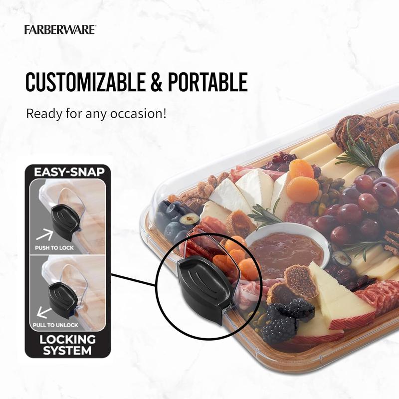 Farberware Build-A-Board Bamboo Cutting Board with Clear Locking Lid and Black Handles, Perfect for Charcuterie, Snacks, and More - Make it. Take it. Enjoy it, 11x14 Inch, Single Compartment