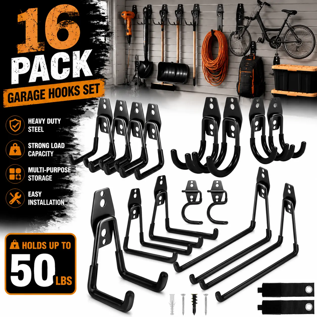 16 Pack Heavy Duty Garage Hooks, Wall Mount Storage Hooks for Garage Organization, Steel Utility Hooks for Tools, Ladders, Bikes & Outdoor Equipment