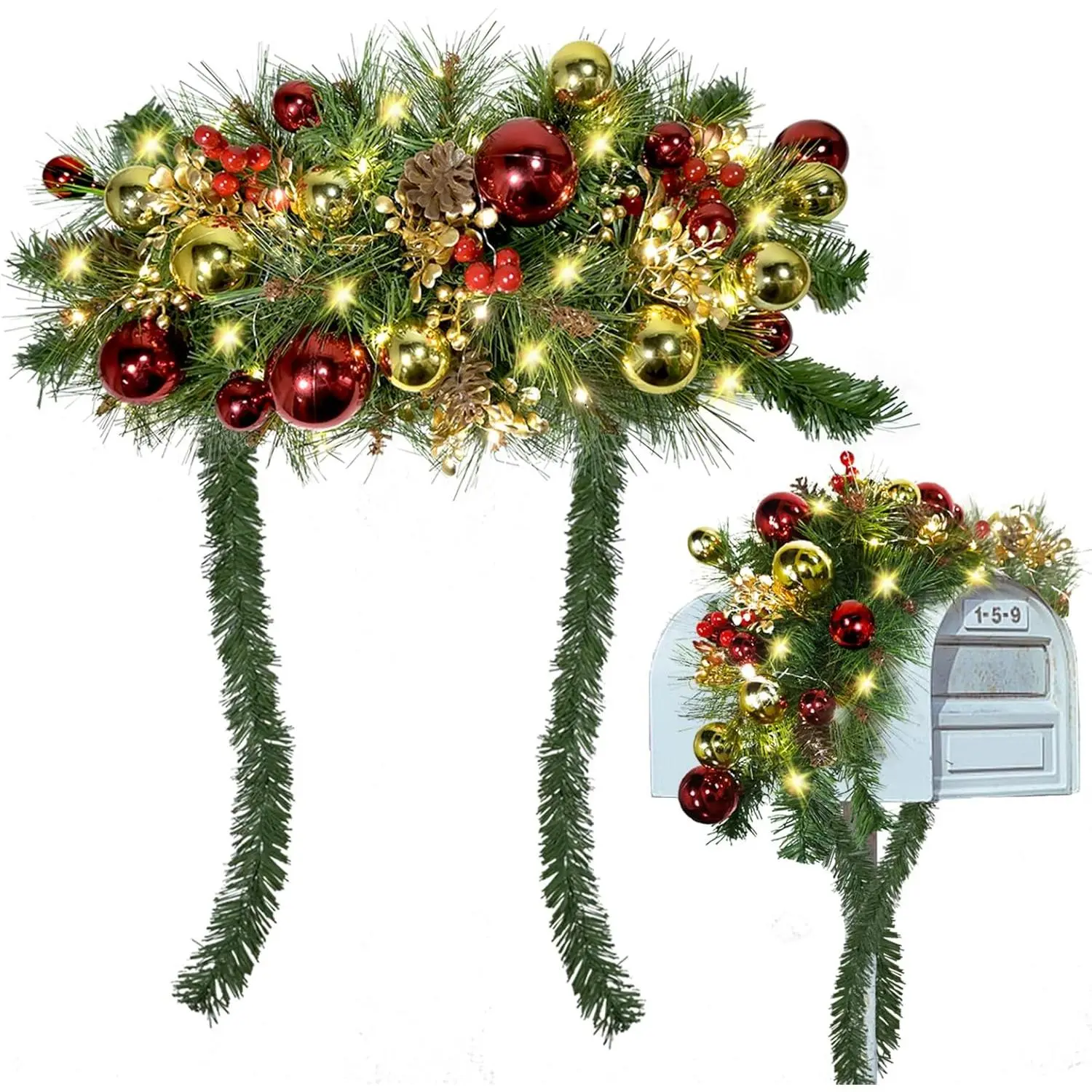 Prelit Pine Teardrop Christmas Mailbox Swag with Lights, Christmas Ornaments for Indoor/Outdoor Home Holiday Decor (Festive Home Supplies), Ornaments Christmas