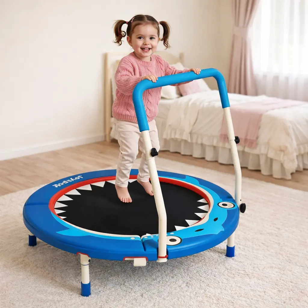 CRAFT SPOT Toddler Trampoline - 3FT Foldable Spring-Free Kids Trampoline with Adjustable Handlebar, Quiet & Tear-Proof for Tumbling, Development & 1–6 Yrs