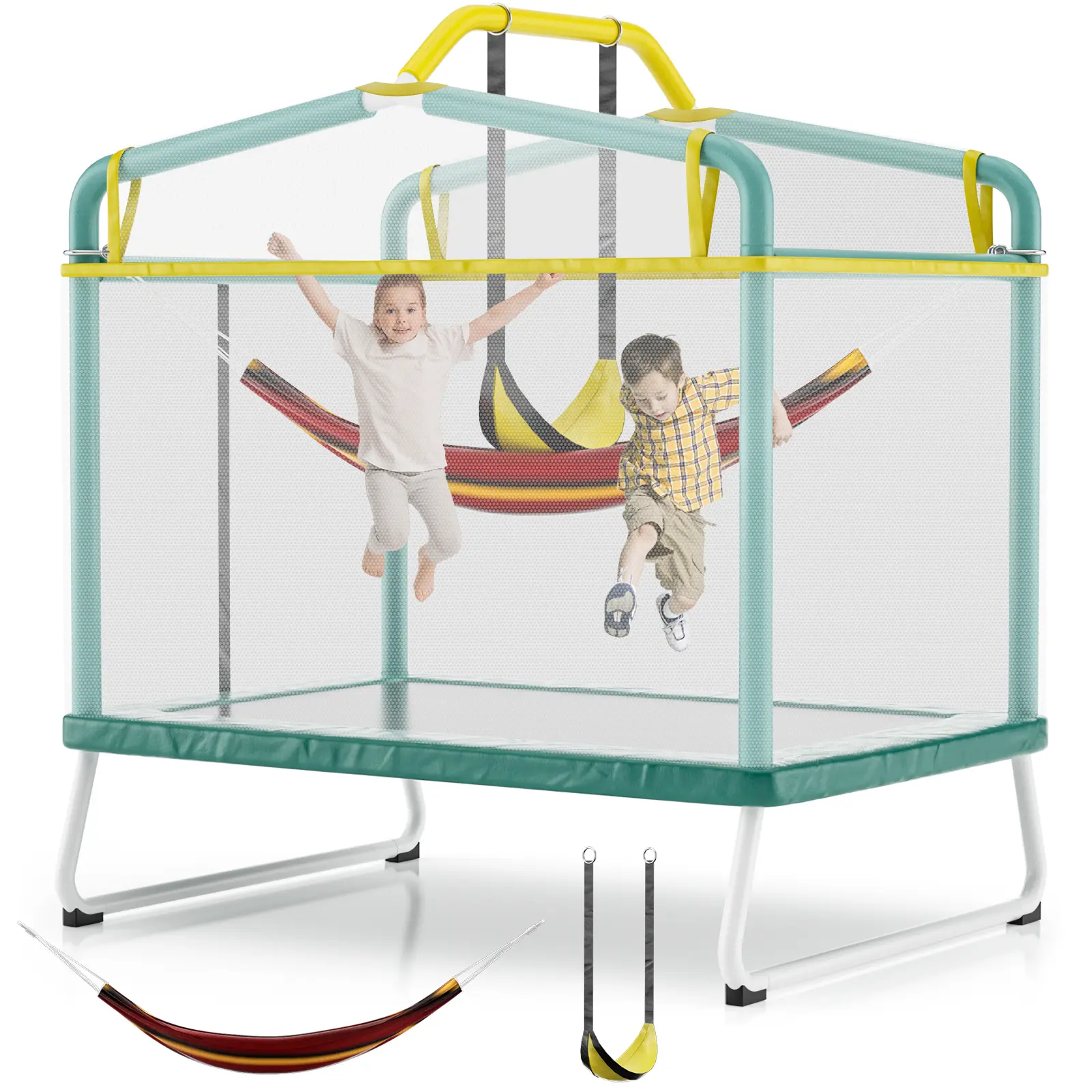 6 FT Trampoline for Kids with Swing, Toddler Trampolines with Safety Enclosure Net, ASTM Approved, Rectangle Indoor & Outdoor Mini Kids Trampoline