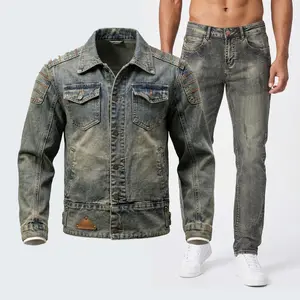 Men's Vintage Blue Denim Jacket & Jeans Matching Set, Retro Wash Double Denim Outfit, Classic Casual Two-Piece Co-Ord, Comfortable Street Style Ensemble for Daily Wear