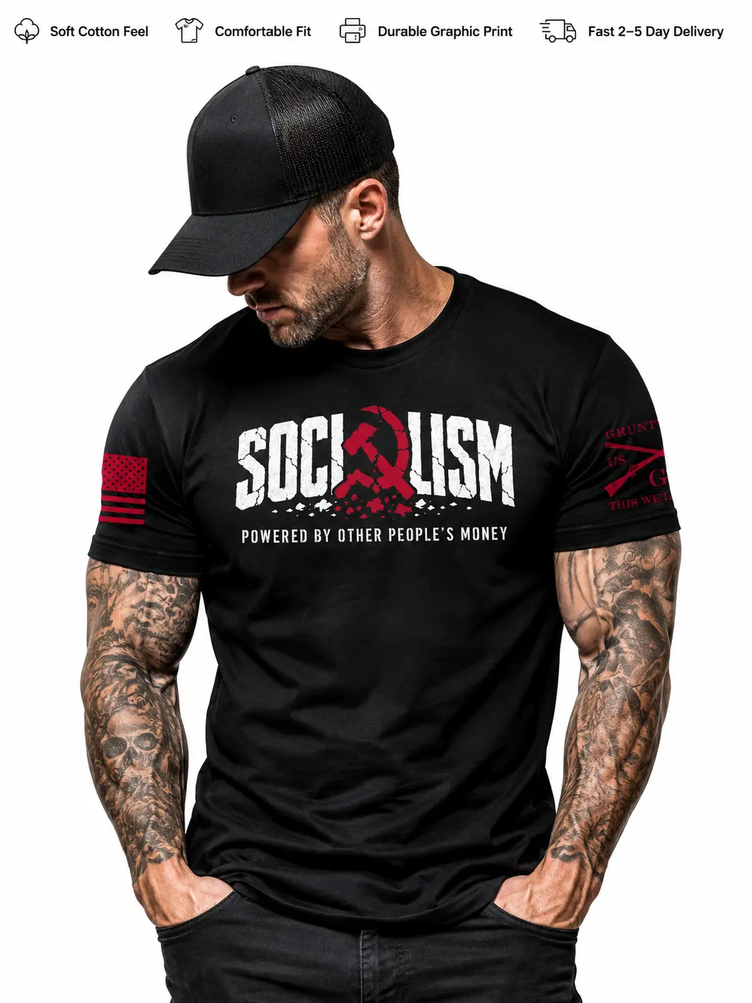Socialism Powered by Other People's Money Graphic Tee, Black Political Satire T-Shirt with Red Hammer & Sickle and Sleeve Graphics | Menswear & Underwear - Men's Tops - T-shirts - Men's Short-sleeve T-shirts