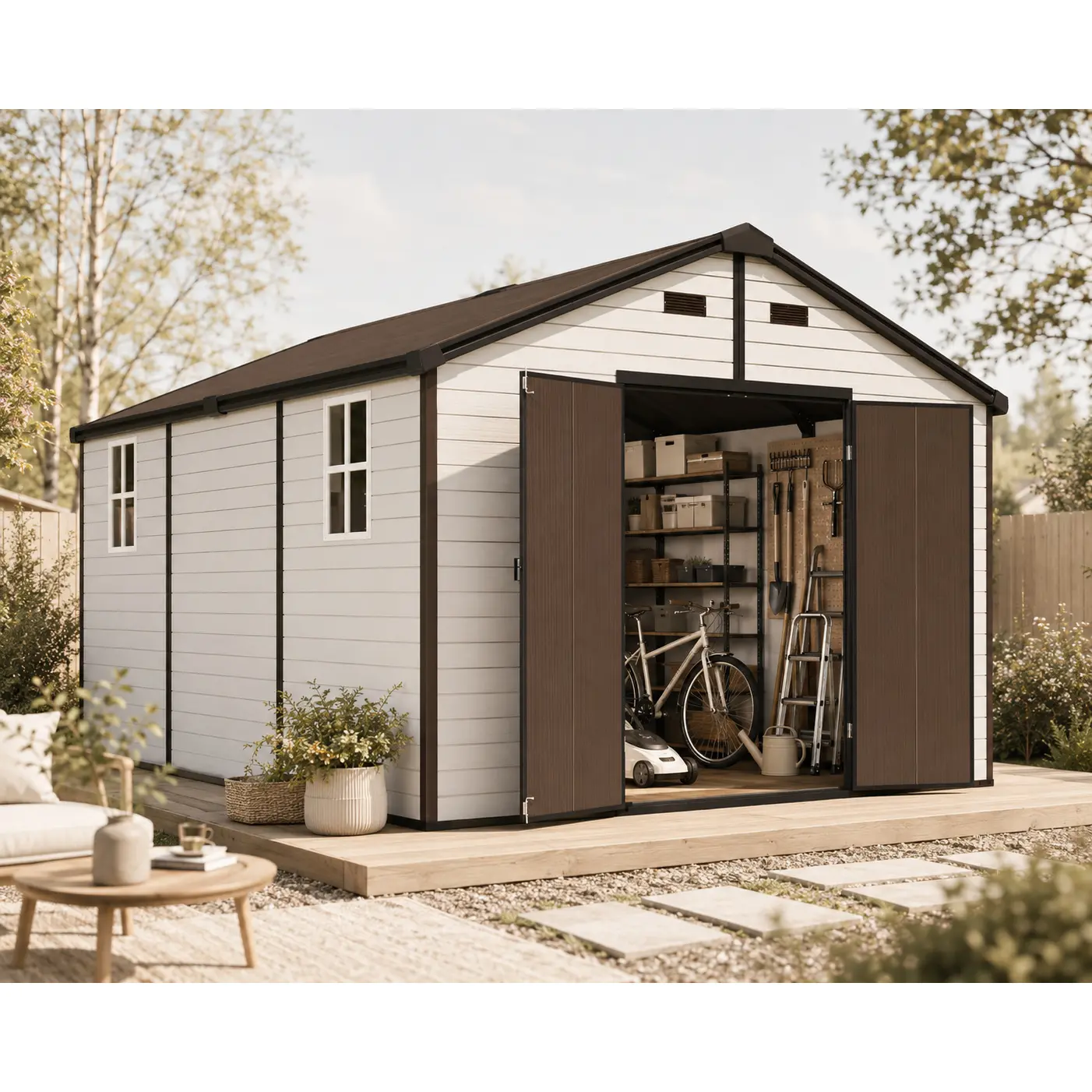 PAPAJET 10.2*13.4ft Outdoor Resin Storage Shed with Floor, Large Capacity Garden Storage House with Ventilation Windows, Gable Roof Utility Shed for Backyard Patio Tools Bikes