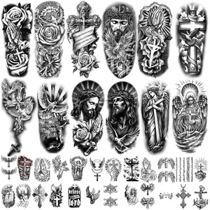 77 Sheets Christian Temporary Tattoos | Cross & Angel Faith Designs | Black Ink Realistic Religious Body Art | Large Half Arm & Small Detail Tattoos | For Women Men Adults & Kids